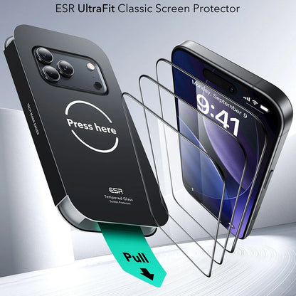 ESR UltraFit -näytönsuojakalvo Apple iPhone 17 Prolle, Panssarilasi, Full Glue, 3 kappaleen setti