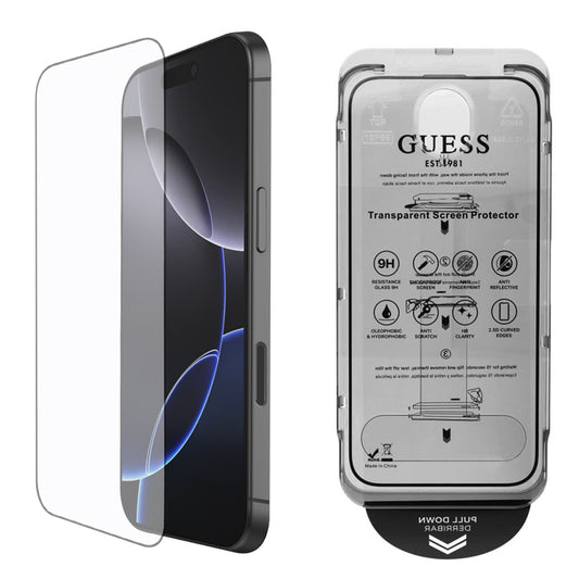 Guess Classic Outline -suojakalvo Apple iPhone 16 Pro Maxille, Panssarilasi, Full Glue, 2.5D, Musta GUTGP16XBOKGCIT