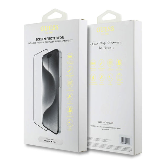 Guess Classic Outline -suojakalvo Apple iPhone 16:lle, Panssarilasi, Full Glue, 2.5D, Musta GUTGP16SBOKGCIT