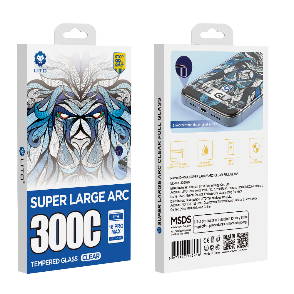 Lito D+ Max 300C Screen Protector Film for Apple iPhone 16 Pro Max, Tempered Glass, Full Glue