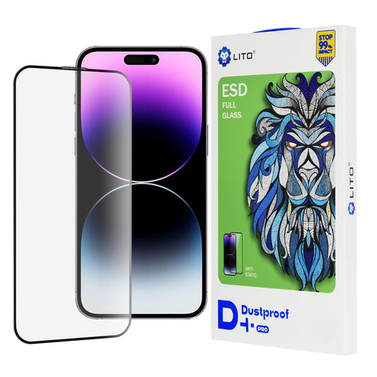 Lito D+ Pro pölynkestävä suojakalvo Apple iPhone 14 Pro Maxille, karkaistu lasi, täysiliimainen, musta