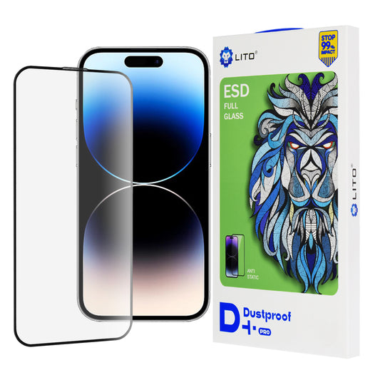 Lito D+ Pro pölytiivis näytönsuoja Apple iPhone 14 Pro:lle, karkaistu lasi, täysi liima, musta