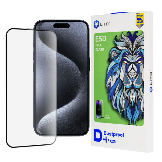 Lito D+ Pro pölynkestävä suojakalvo Apple iPhone 15 Pro:lle, karkaistu lasi, täysi liima, musta