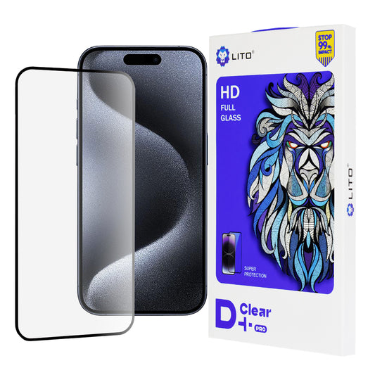 Lito D+ Pro -näytönsuoja Apple iPhone 15 Prolle, karkaistu lasi, täysiliimainen, musta