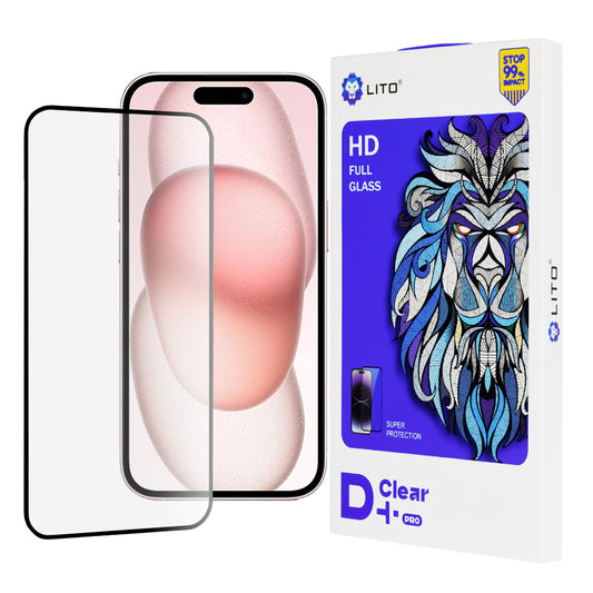 Lito D+ Pro -näytönsuoja Apple iPhone 15:lle, karkaistu lasi, täysiliimainen, musta
