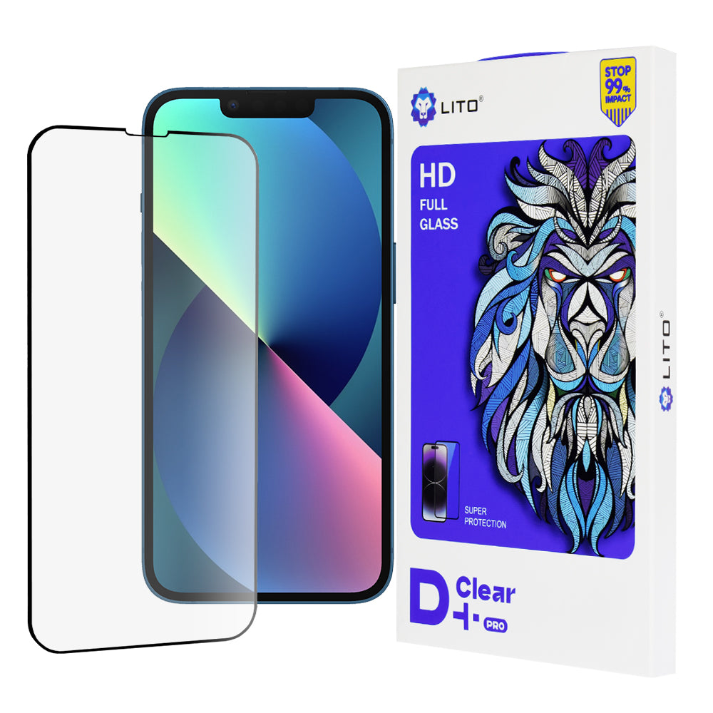 Lito D+ Pro -näytönsuoja Apple iPhone 17e / 16e / 14 / 13 Pro -puhelimille, karkaistu lasi, täysiliimainen, musta