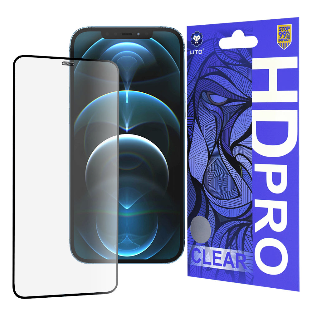 Lito HD Pro Clear -näytönsuoja Apple iPhone 12 Pro Maxille, karkaistu lasi, täysiliimainen, musta