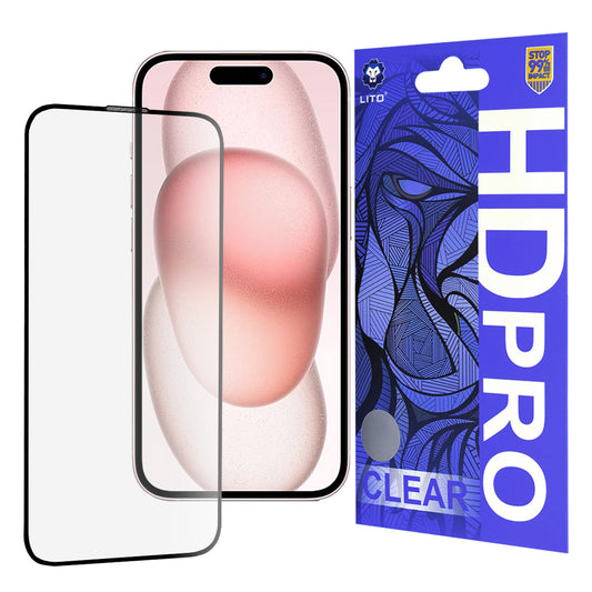 Lito HD Pro Clear -näytönsuoja Apple iPhone 15:lle, karkaistu lasi, täysi liima, musta