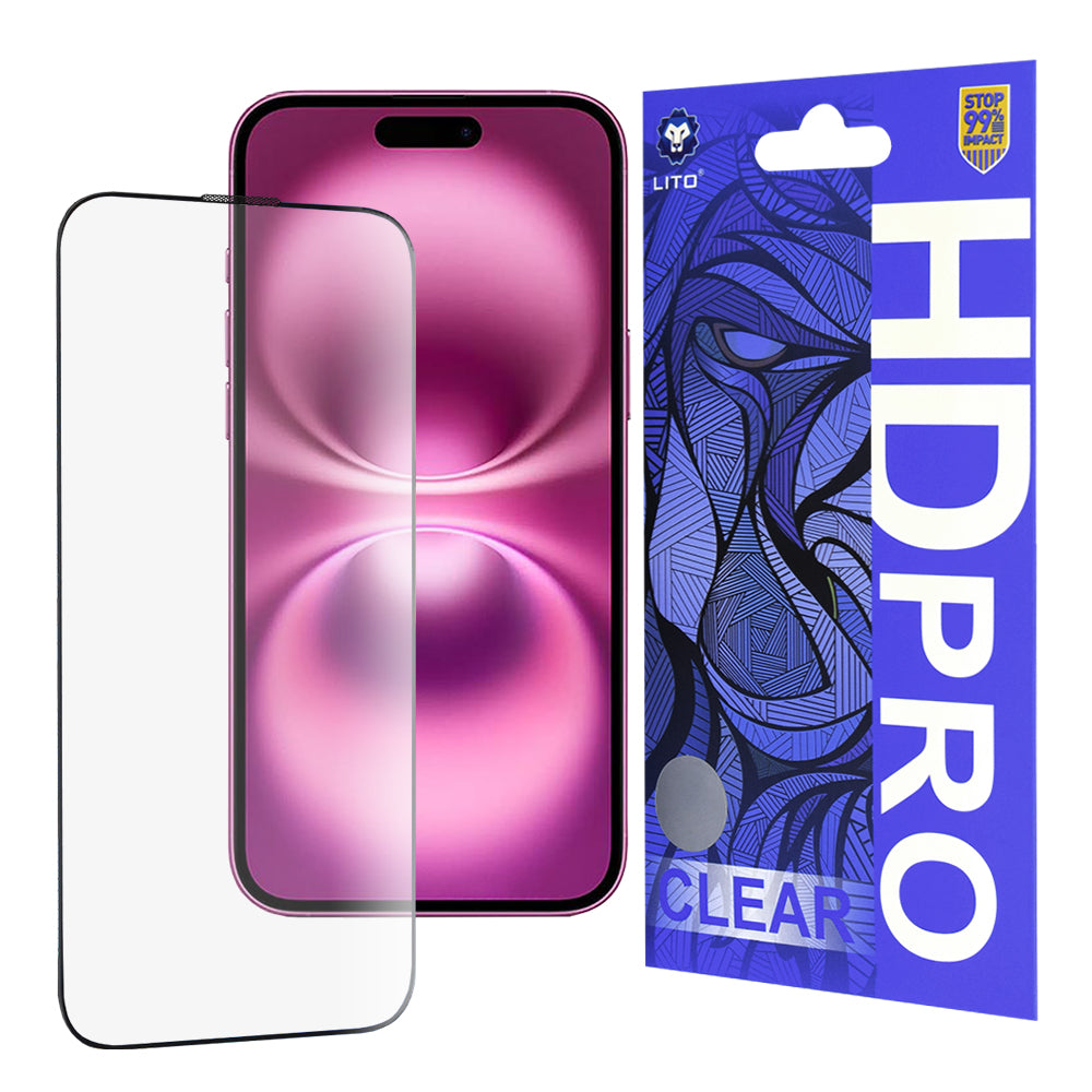 Lito HD Pro Clear -näytönsuoja Apple iPhone 16 Plus -puhelimelle, karkaistu lasi, täysi liima, musta