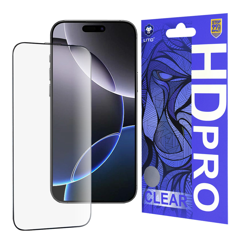 Lito HD Pro Clear -näytönsuoja Apple iPhone 16 Pro Maxille, karkaistu lasi, täysi liima, musta