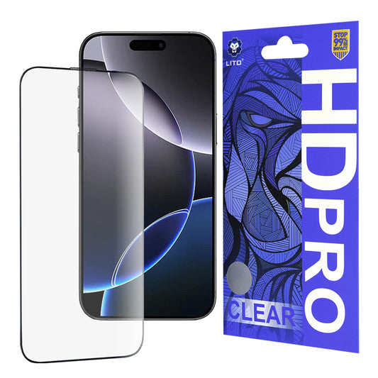 Lito HD Pro Clear -näytönsuoja Apple iPhone 16 Pro Maxille, karkaistu lasi, täysi liima, musta