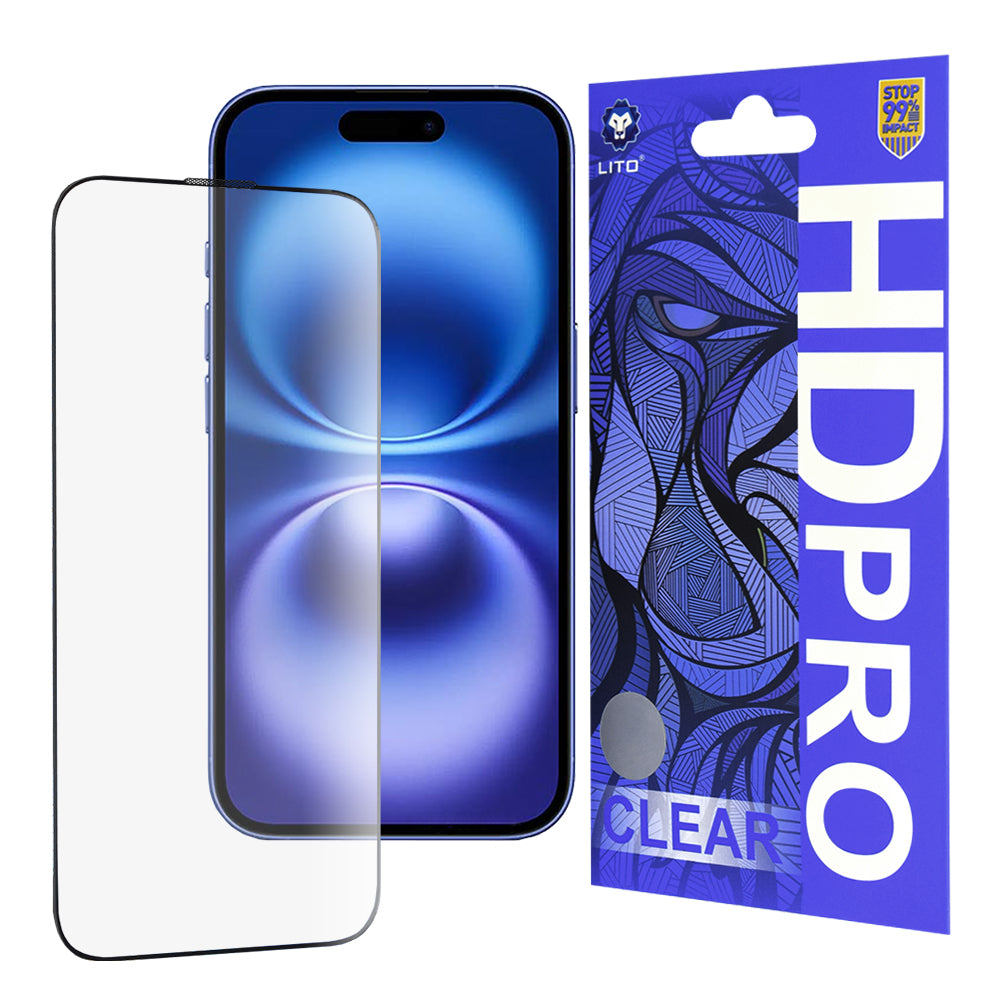 Lito HD Pro Clear -näytönsuoja Apple iPhone 16:lle, karkaistu lasi, täysi liima, musta