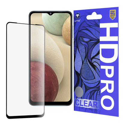 Lito HD Pro Clear -näytönsuoja Samsung Galaxy F12 F127 / A12 Nacho A127 / M02 M022:lle, karkaistu lasi, täysi liima, musta