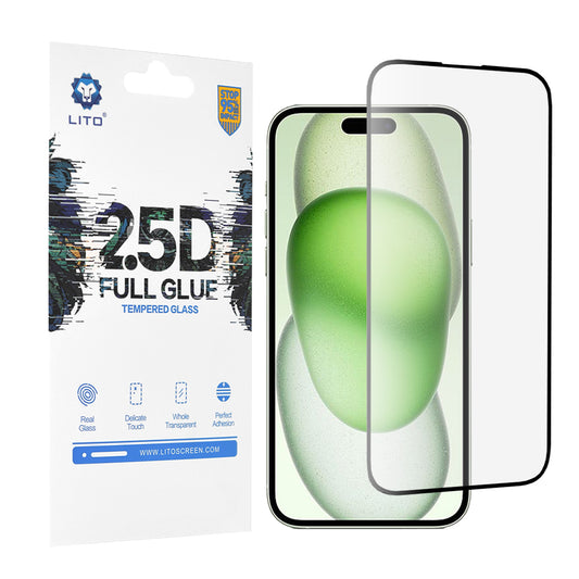 Lito-näytönsuoja Apple iPhone 15 Plusille, karkaistu lasi, täysiliimainen, 2.5D, musta