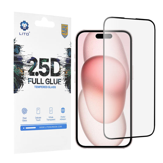 Lito-näytönsuoja Apple iPhone 15:lle, karkaistu lasi, täyshartsi, 2.5D, musta