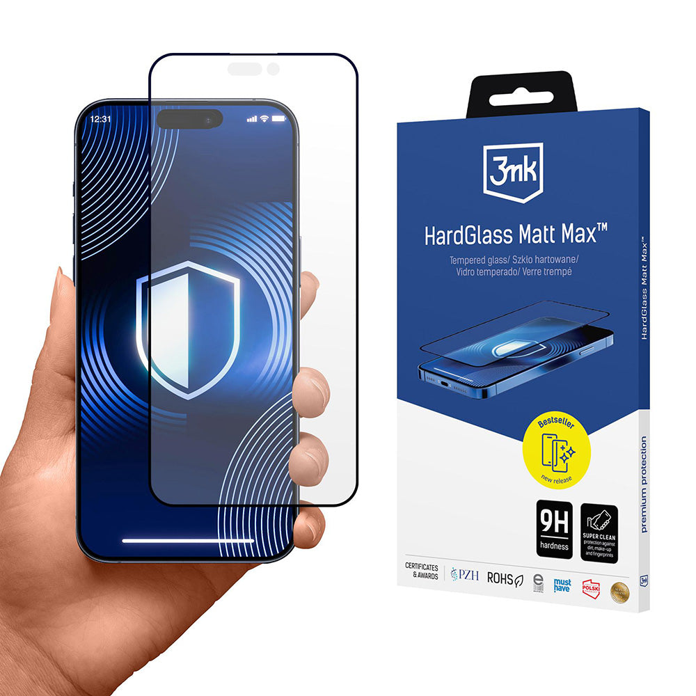 Mattapintainen 3MK HardGlass Max suojakalvo Apple iPhone 17 Pro Max:lle, karkaistu lasi, täysliima, musta