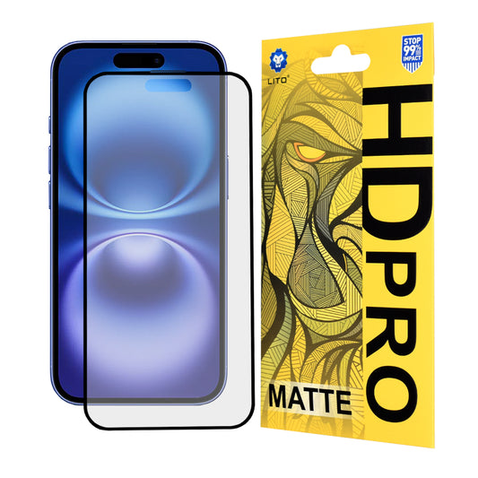 Lito HD Pro Matte -näytönsuoja Apple iPhone 16:lle, karkaistu lasi, täysiliimainen, musta