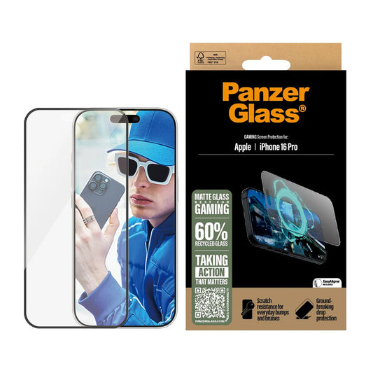 Suojakalvo Matte PanzerGlass Ultra-Wide Fit Gaming Apple iPhone 16 Prolle, Karkaistu lasi, Full Glue, Musta