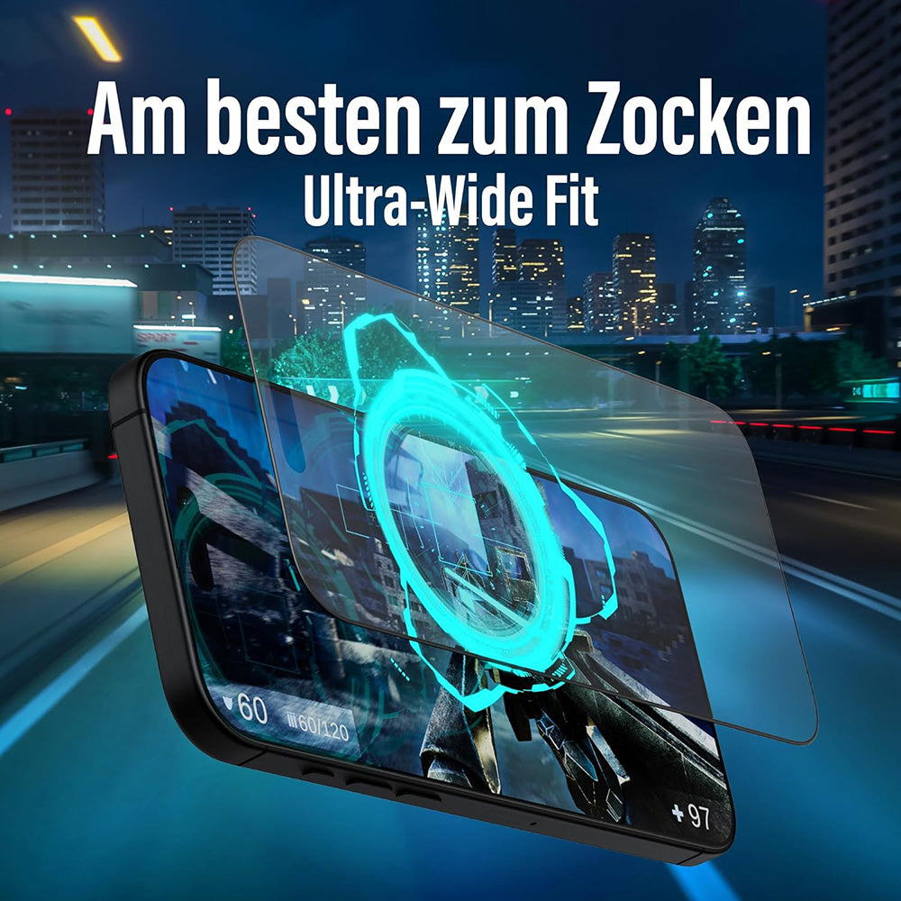 Suojakalvo Matte PanzerGlass Ultra-Wide Fit Gaming Apple iPhone 16 Prolle, Karkaistu lasi, Full Glue, Musta