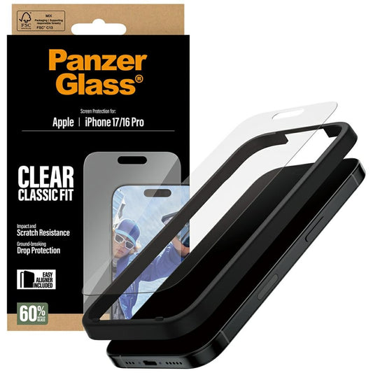 PanzerGlass Classic Fit EasyAligner -suojakalvo Apple iPhone 17 / 16 Pro -puhelimille, Turvalasi, Täysliima