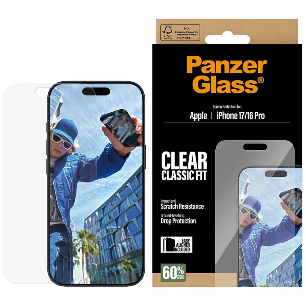 PanzerGlass Classic Fit EasyAligner -suojakalvo Apple iPhone 17 / 16 Pro -puhelimille, Turvalasi, Täysliima