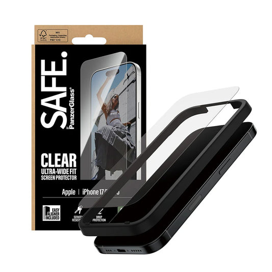 PanzerGlass Safe -suojakalvo. Ultra-Wide Fit EasyAligner Apple iPhone 17 / 16 Pro -puhelimille, Turvalasi, Täysliima