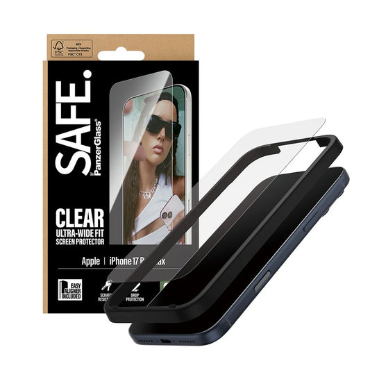 PanzerGlass Safe -suojakalvo. Ultra-Wide Fit EasyAligner Apple iPhone 17 Pro Maxille, Turvalasi, Full Glue.