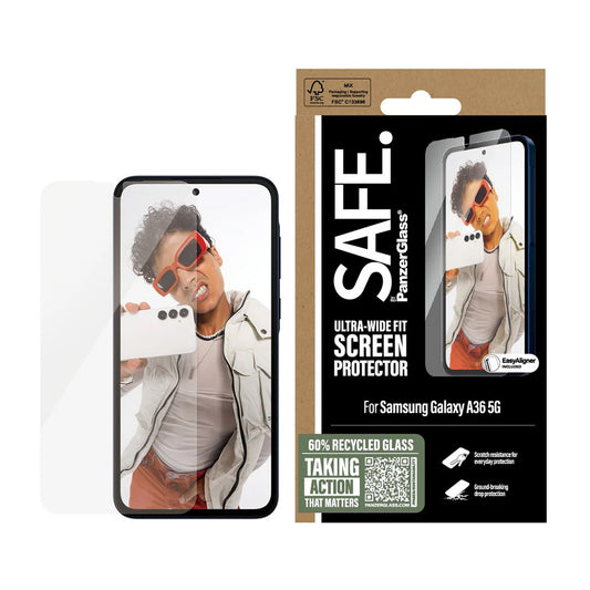 PanzerGlass Safe -suojakalvo. Ultra-Wide Fit EasyAligner Samsung Galaxy A36 A366 -puhelimille, karkaistu lasi, Full Glue.