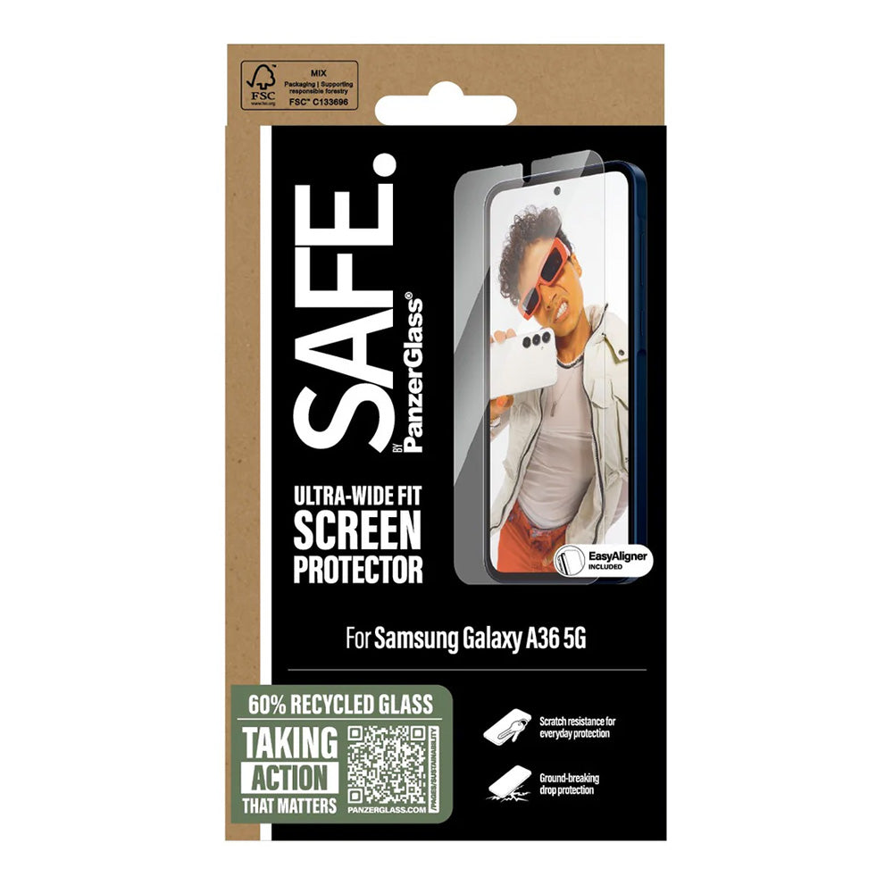 PanzerGlass Safe -suojakalvo. Ultra-Wide Fit EasyAligner Samsung Galaxy A36 A366 -puhelimille, karkaistu lasi, Full Glue.