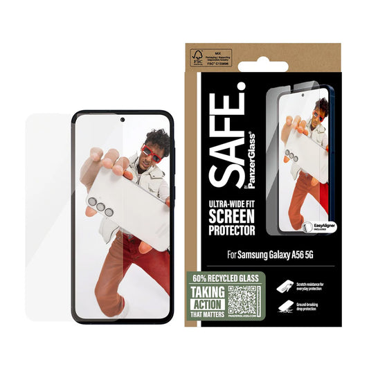 PanzerGlass Safe -näytönsuojakalvo. Ultra-Wide Fit EasyAligner Samsung Galaxy A56 A566 -puhelimille, karkaistu lasi, täysliima