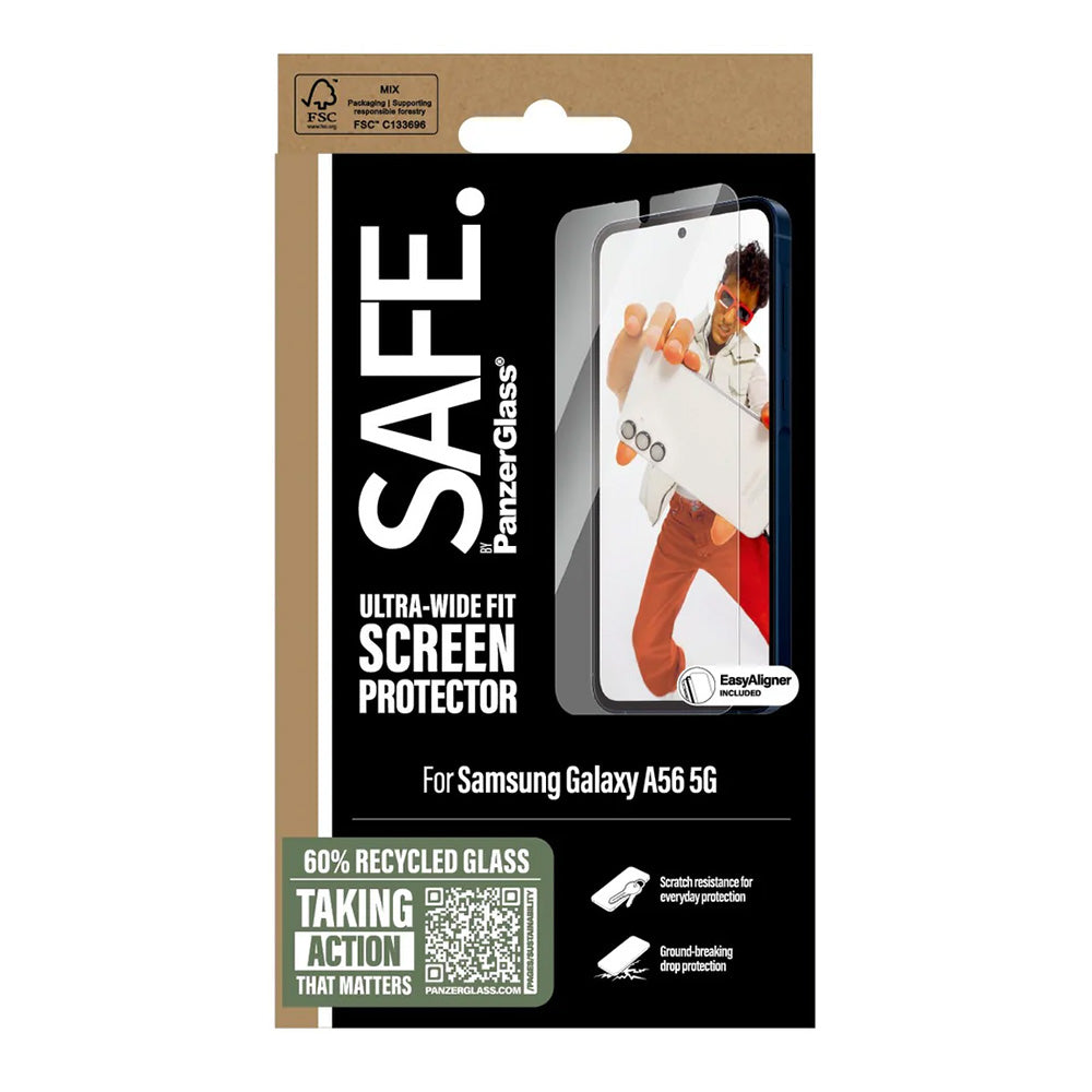 PanzerGlass Safe -näytönsuojakalvo. Ultra-Wide Fit EasyAligner Samsung Galaxy A56 A566 -puhelimille, karkaistu lasi, täysliima