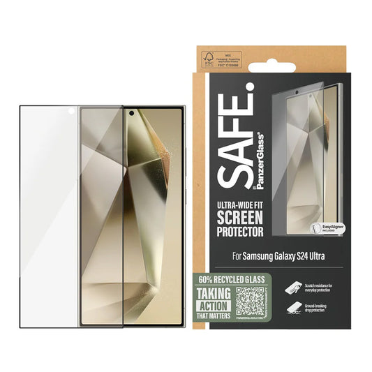 PanzerGlass Safe -suojakalvo. Ultra-Wide Fit EasyAligner Samsung Galaxy S24 Ultra S928:lle, Turvalasi, Full Glue, Musta
