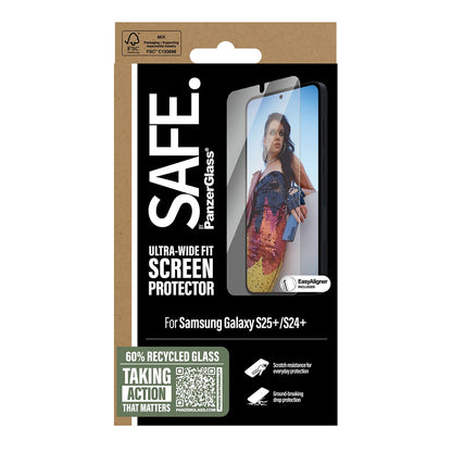 PanzerGlass Safe -suojakalvo. Ultra-Wide Fit EasyAligner Samsung Galaxy S25+ S936 / S24+ S926 -puhelimille, karkaistu lasi, Full Glue.