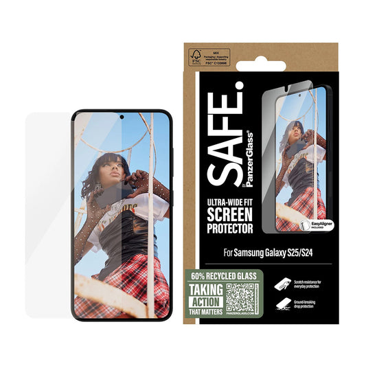 PanzerGlass Safe -näytönsuojakalvo. Ultra-Wide Fit EasyAligner Samsung Galaxy S25 S931 / S24 S921 -puhelimille, karkaistu lasi, täysliima.