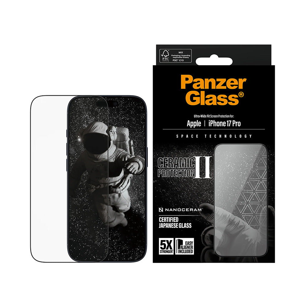 PanzerGlass Ultra-Wide Ceramic II EasyAligner -suojakalvo Apple iPhone 17 Prolle, karkaistu lasi, täysliima, musta