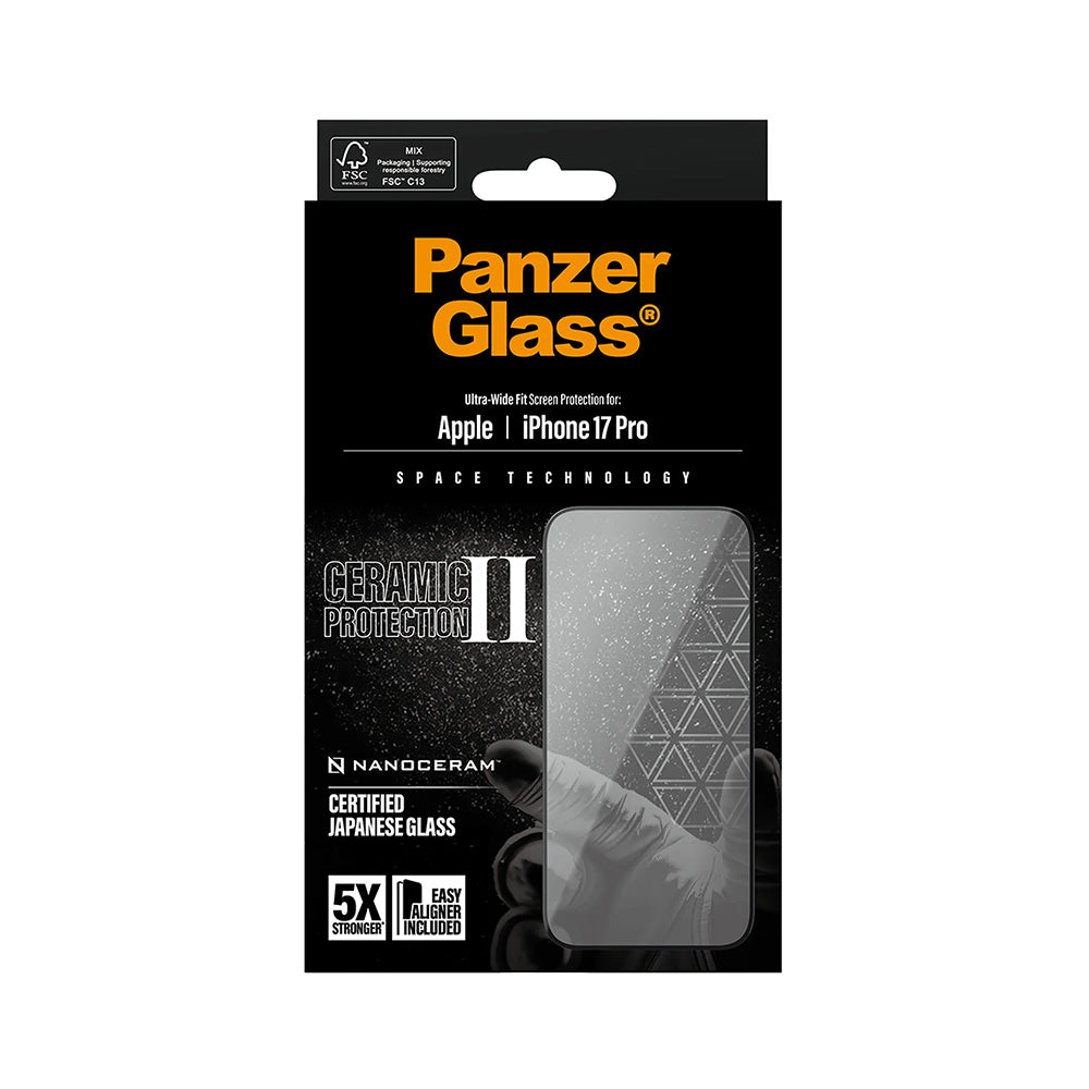 PanzerGlass Ultra-Wide Ceramic II EasyAligner -suojakalvo Apple iPhone 17 Prolle, karkaistu lasi, täysliima, musta