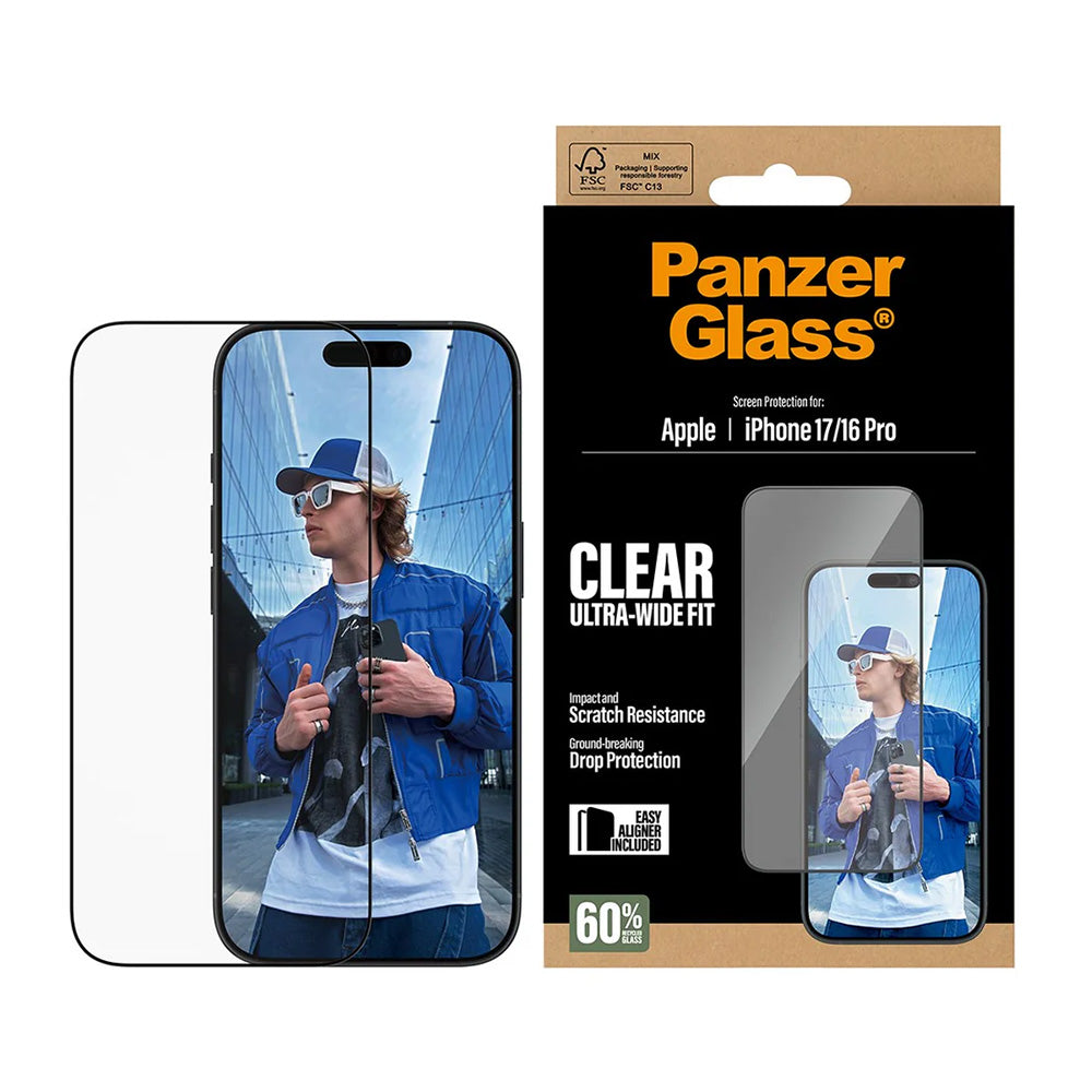 PanzerGlass Ultra-Wide Fit EasyAligner -suojakalvo Apple iPhone 17 / 16 Pro -puhelimille, Turvalasi, Täysliima, Musta