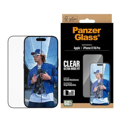 PanzerGlass Ultra-Wide Fit EasyAligner -suojakalvo Apple iPhone 17 / 16 Pro -puhelimille, Turvalasi, Täysliima, Musta