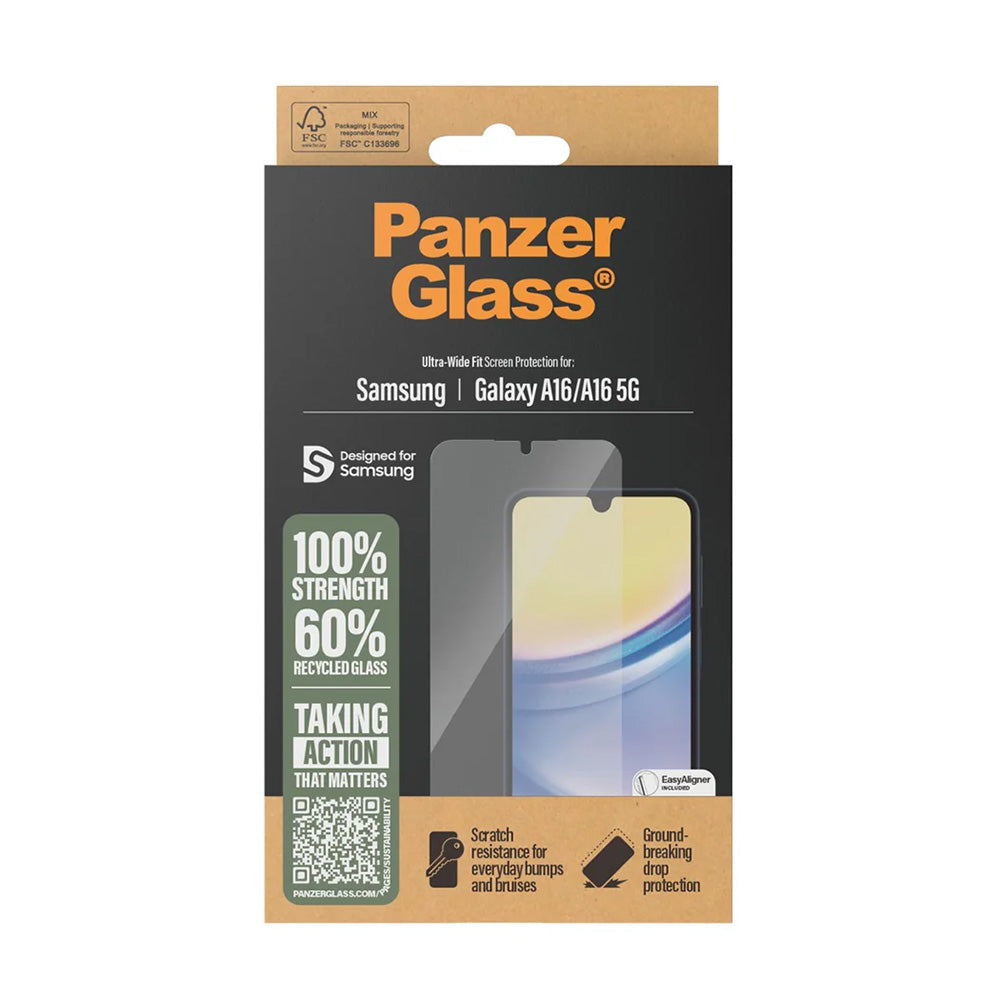 PanzerGlass Ultra-Wide Fit EasyAligner -suojakalvo Samsung Galaxy A16 5G A166 / A16 4G A165 -puhelimille, karkaistu lasi, täysliima