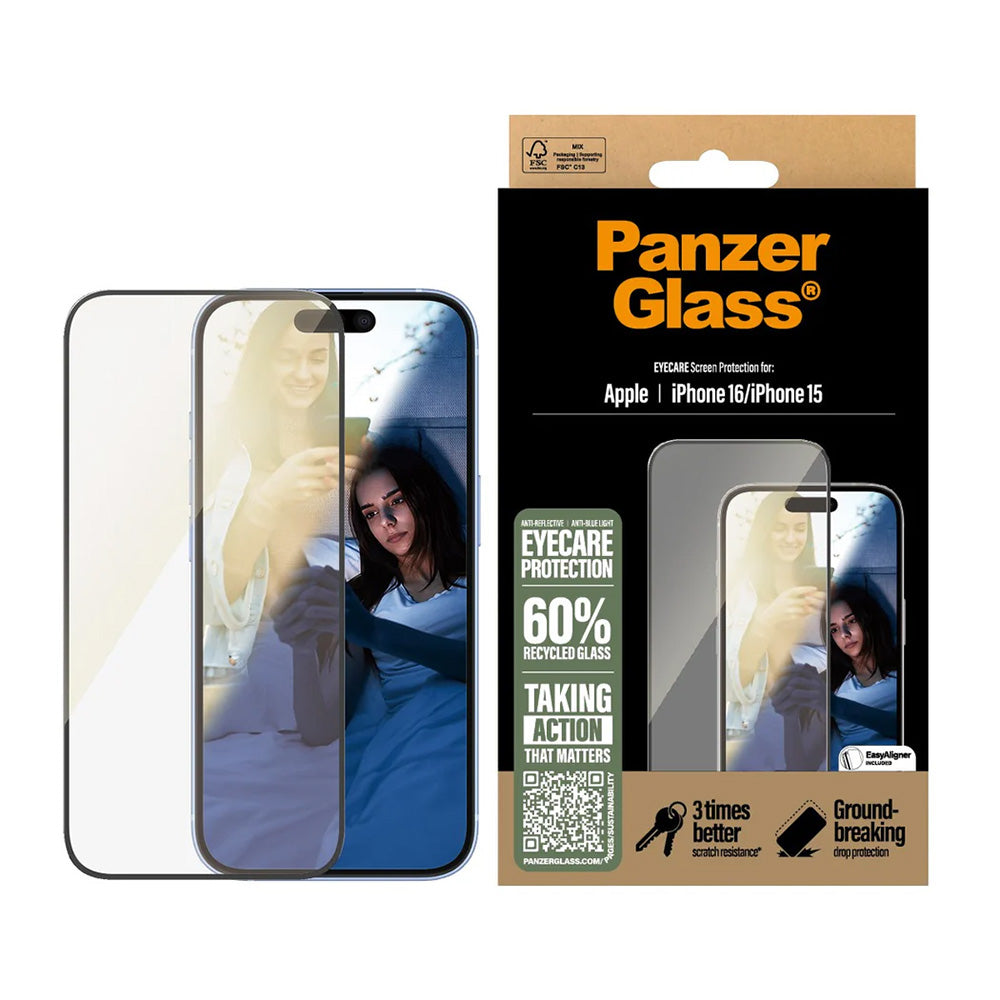 PanzerGlass Ultra-Wide Fit EyeCare -suojakalvo Apple iPhone 16 / 15 -puhelimille, Karkaistu lasi, Täysliima, Musta