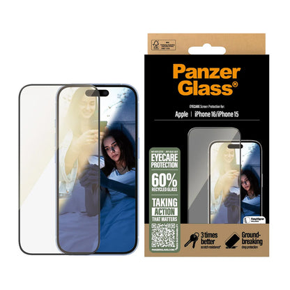 PanzerGlass Ultra-Wide Fit EyeCare -suojakalvo Apple iPhone 16 / 15 -puhelimille, Karkaistu lasi, Täysliima, Musta