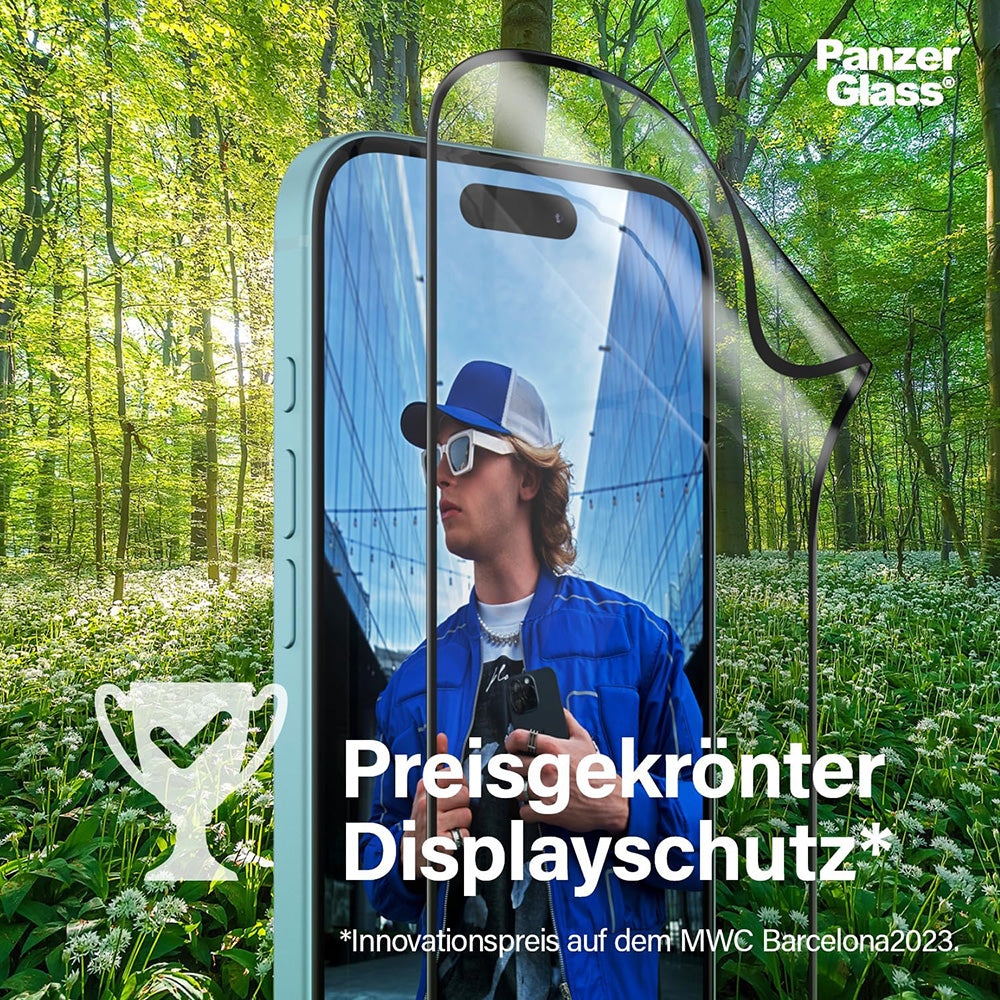 PanzerGlass Ultra-Wide Fit EyeCare -suojakalvo Apple iPhone 16 / 15 -puhelimille, Karkaistu lasi, Täysliima, Musta