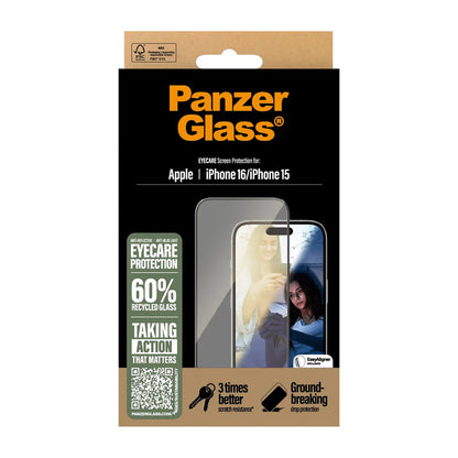 PanzerGlass Ultra-Wide Fit EyeCare -suojakalvo Apple iPhone 16 / 15 -puhelimille, Karkaistu lasi, Täysliima, Musta