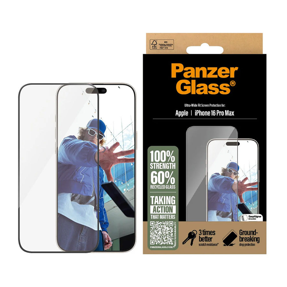 PanzerGlass Ultra-Wide Fit -suojakalvo Apple iPhone 16 Pro Max -puhelimelle, karkaistu lasi, täysliima, musta