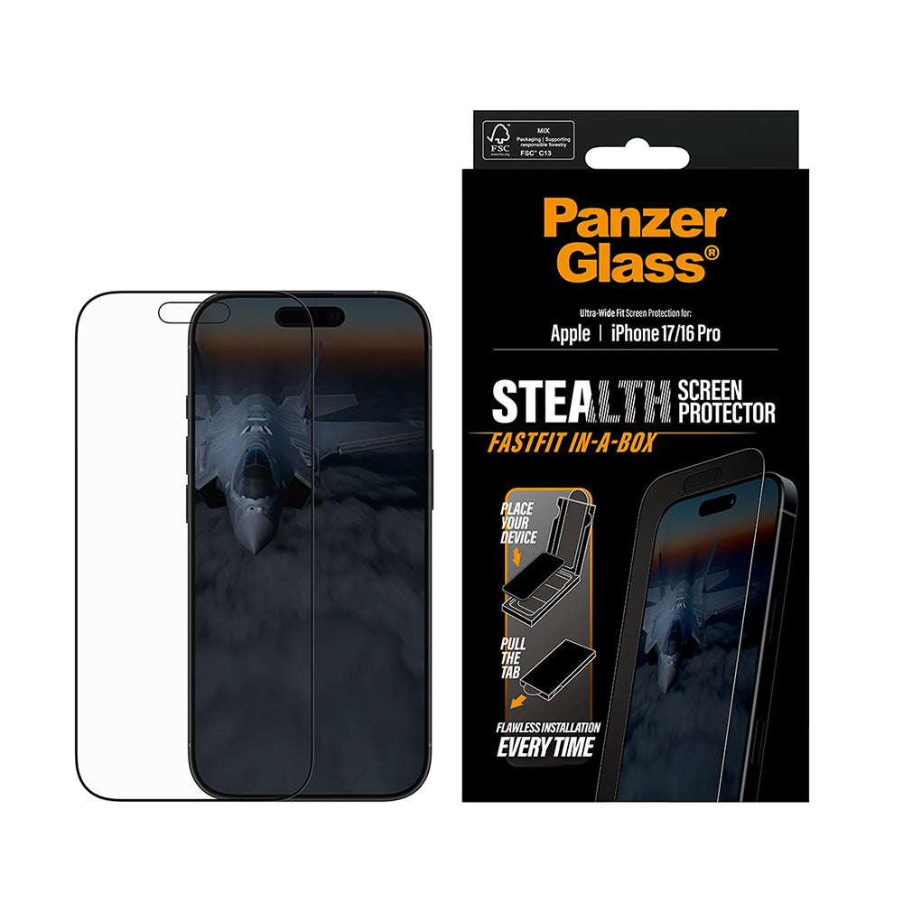 PanzerGlass Ultra-Wide Fit Stealth Fastfit -suojakalvo Apple iPhone 17 / 16 Pro -puhelimille, karkaistu lasi, täysliima, musta
