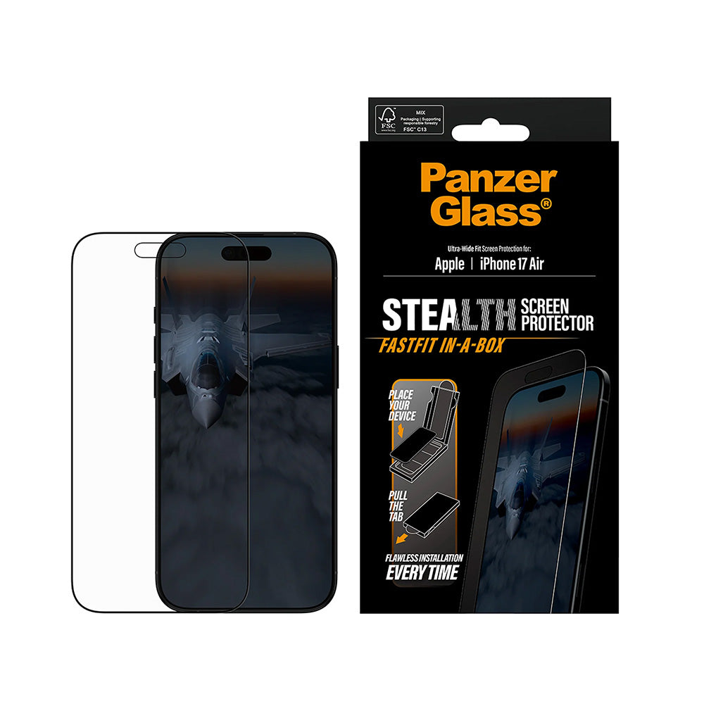 PanzerGlass Ultra-Wide Fit Stealth Fastfit -suojakalvo Apple iPhone 17 Air -puhelimelle, karkaistu lasi, täysliima, musta