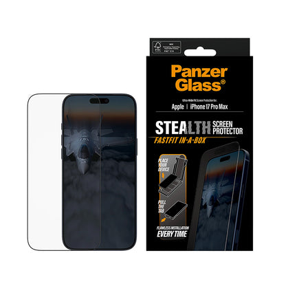 PanzerGlass Ultra-Wide Fit Stealth Fastfit -suojakalvo Apple iPhone 17 Pro Max -puhelimelle, karkaistu lasi, täysliima, musta