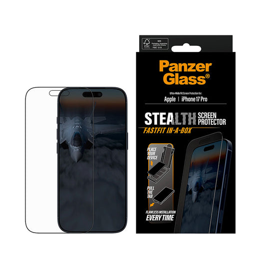 PanzerGlass Ultra-Wide Fit Stealth Fastfit -suojakalvo Apple iPhone 17 Prolle, karkaistu lasi, täysliima, musta