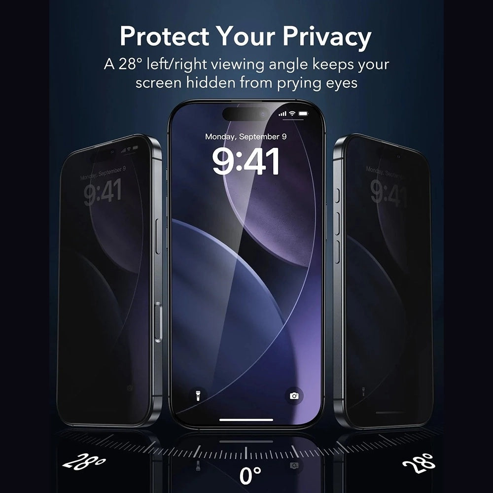 ESR Armorite UltraFit Privacy-näytönsuoja Apple iPhone 17 Pro Maxille, Panssarilasi, Täysliima, 3 kappaleen setti