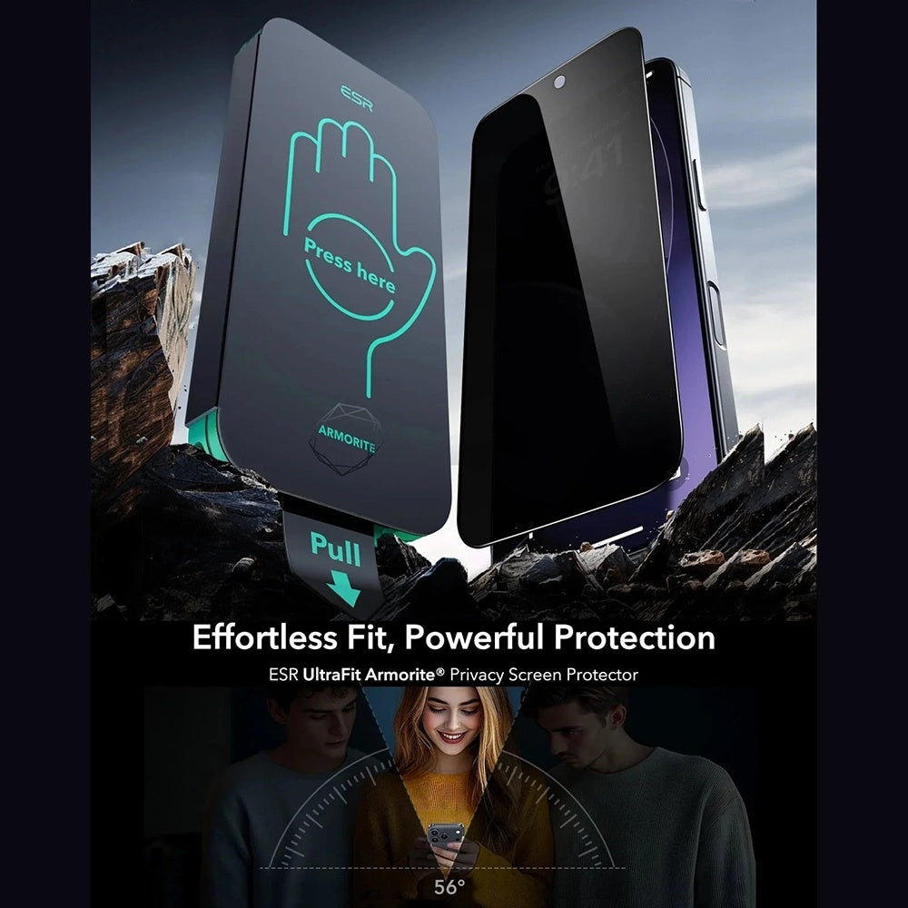 ESR Armorite UltraFit Privacy-näytönsuoja Apple iPhone 17 Pro Maxille, Panssarilasi, Täysliima, 3 kappaleen setti